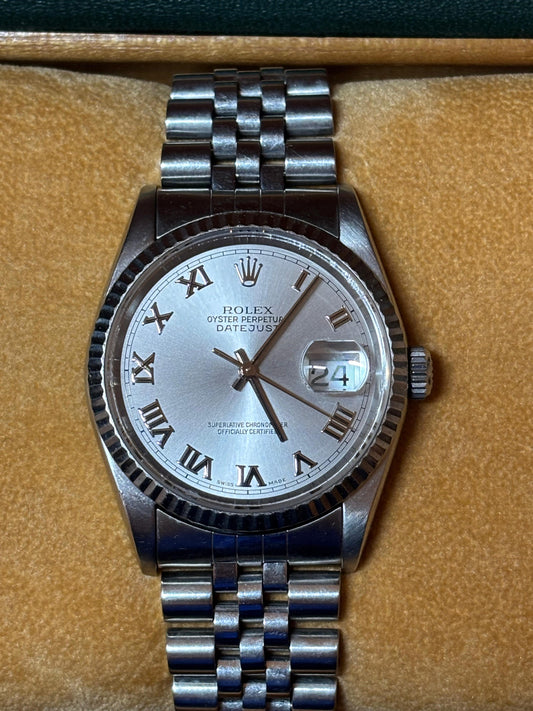 Rolex Datejust 36 – 16234 – Silver Roman Dial – Jubilee & Fluted Bezel – Full Set + Service Receipt